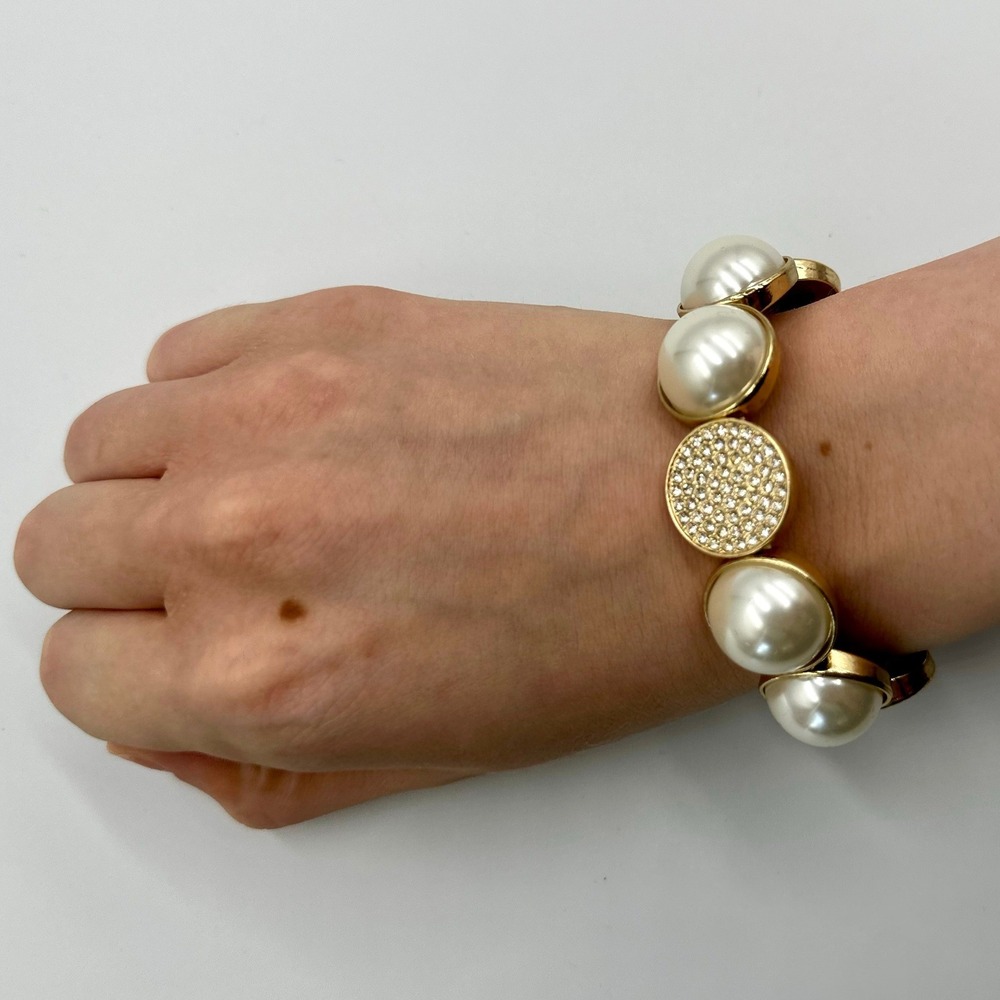 Chunky Faux Pearl Rhinestone Stretch Bracelet Gold Tone Statement Dome Bling - Picture 6 of 7